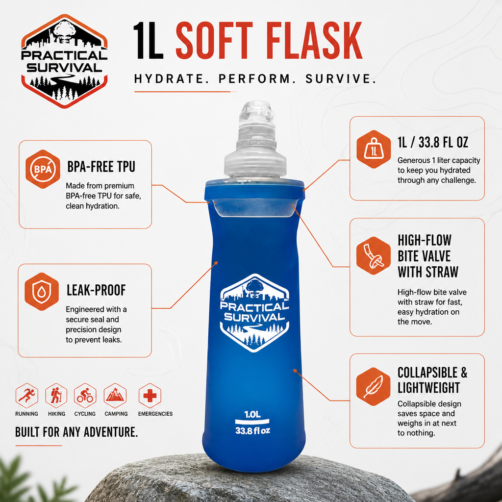 Practical Survival 1L Soft Flask – Collapsible TPU Water Bottle for Running, Hiking & Outdoor Adventures
