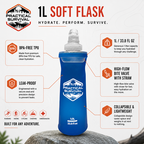 Practical Survival 1L Soft Flask – Collapsible TPU Water Bottle for Running, Hiking & Outdoor Adventures