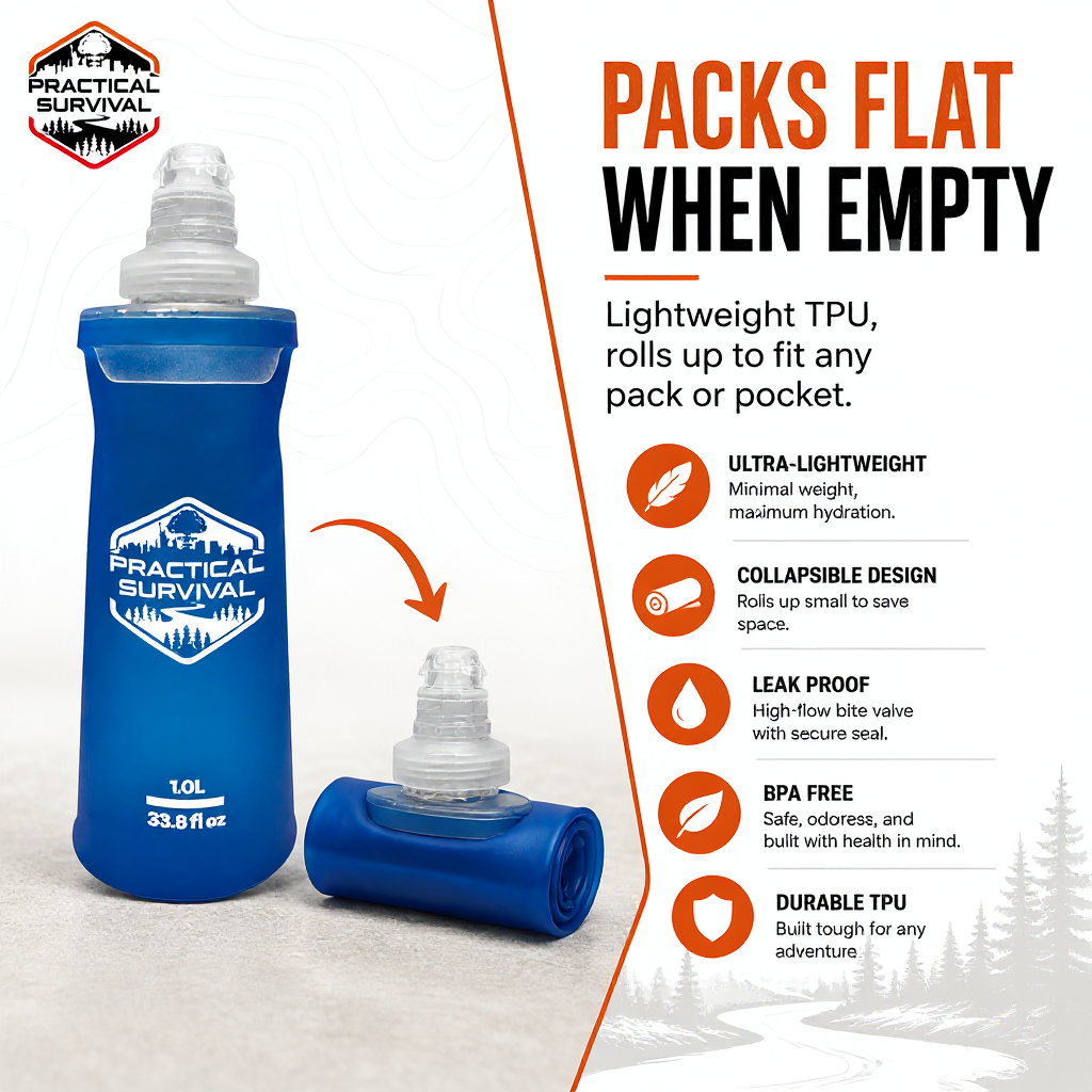 Practical Survival 1L Soft Flask – Collapsible TPU Water Bottle for Running, Hiking & Outdoor Adventures