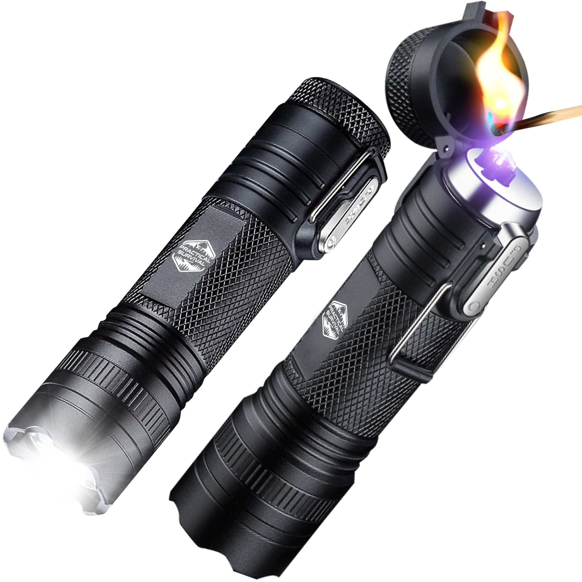 Practical Survival LED Tactical Flashlight + Plasma Lighter Combo &mdash; two-unit pack.
