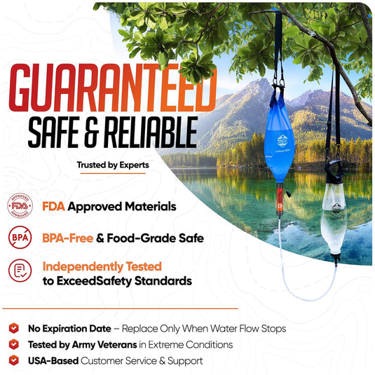 Gravity Water Filtration System – 2 High Capacity Lightweight Hanging Bags for Backpacking, Camping, Survival, Hiking, Hunting - Dirty, Clean Water Bags, Water Filter and Cleaning Plunger Included