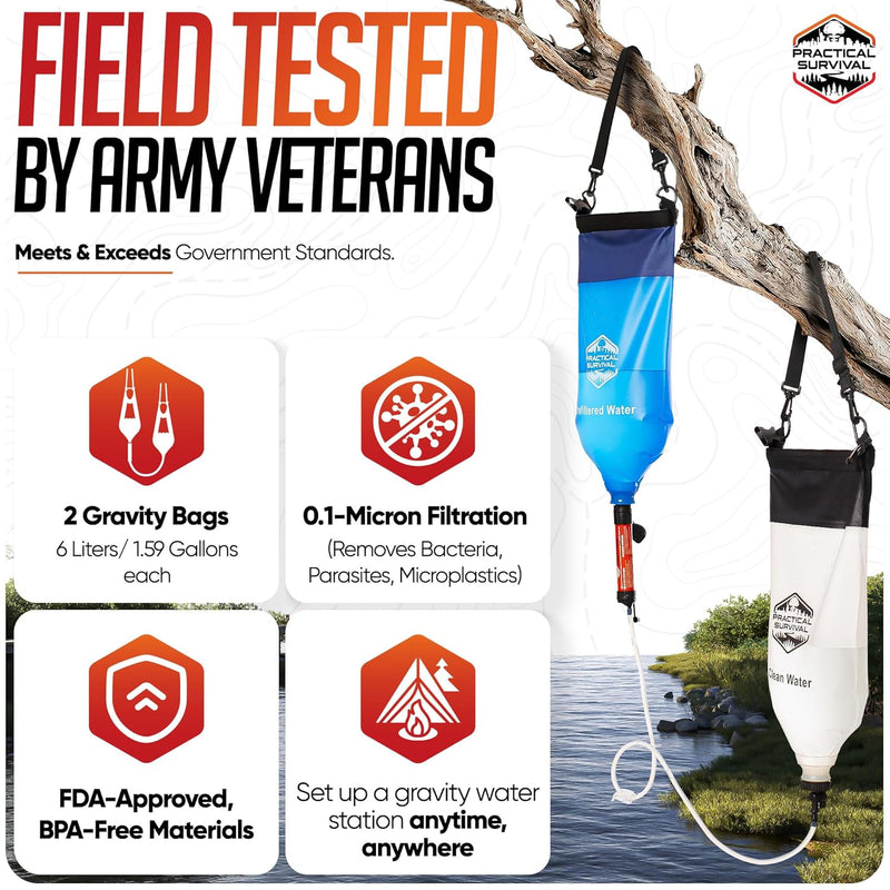 Load image into Gallery viewer, Gravity Water Filtration System – 2 High Capacity Lightweight Hanging Bags for Backpacking, Camping, Survival, Hiking, Hunting - Dirty, Clean Water Bags, Water Filter and Cleaning Plunger Included

