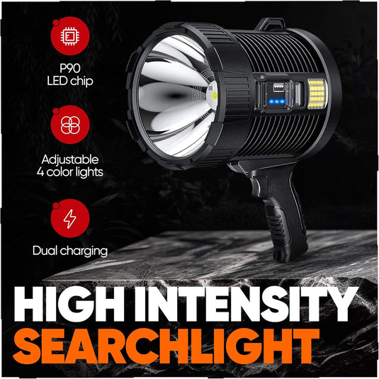 High-Intensity Spot Light - Durable Rechargeable Ultrabright Spotlight Flashlight Handheld Floodlight - Ideal for Outdoor, Emergency, Survival and Home Use. Solar Recharge Enabled, Power Bank Built In