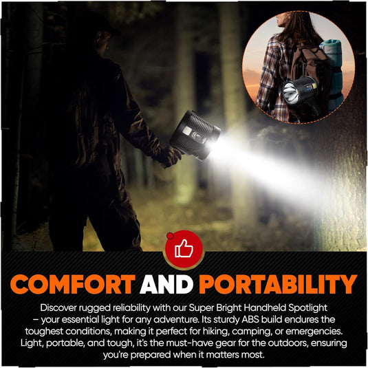 High-Intensity Spot Light - Durable Rechargeable Ultrabright Spotlight Flashlight Handheld Floodlight - Ideal for Outdoor, Emergency, Survival and Home Use. Solar Recharge Enabled, Power Bank Built In