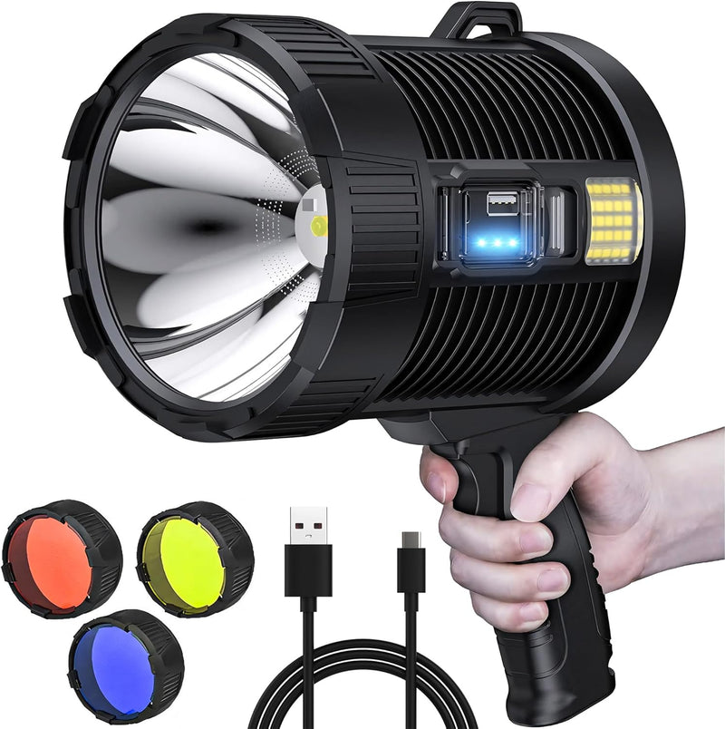 Load image into Gallery viewer, High-Intensity Spot Light - Durable Rechargeable Ultrabright Spotlight Flashlight Handheld Floodlight - Ideal for Outdoor, Emergency, Survival and Home Use. Solar Recharge Enabled, Power Bank Built In

