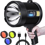 High-Intensity Spot Light - Durable Rechargeable Ultrabright Spotlight Flashlight Handheld Floodlight - Ideal for Outdoor, Emergency, Survival and Home Use. Solar Recharge Enabled, Power Bank Built In