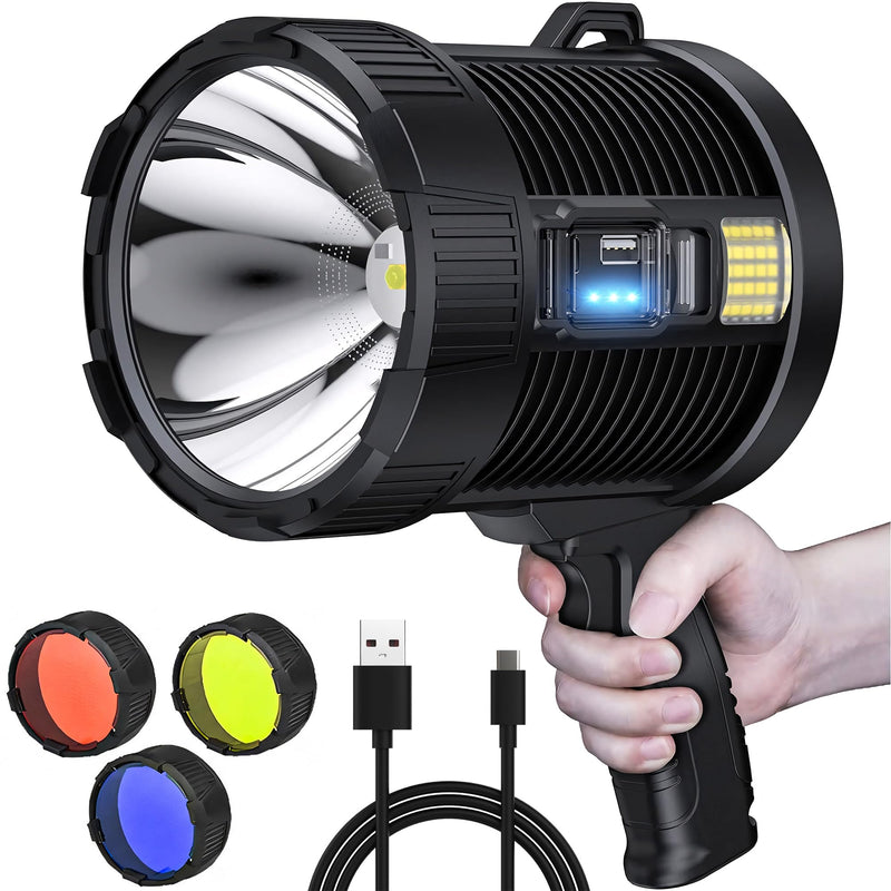 Load image into Gallery viewer, High-Intensity Spot Light - Durable Rechargeable Ultrabright Spotlight Flashlight Handheld Floodlight - Ideal for Outdoor, Emergency, Survival and Home Use. Solar Recharge Enabled, Power Bank Built In
