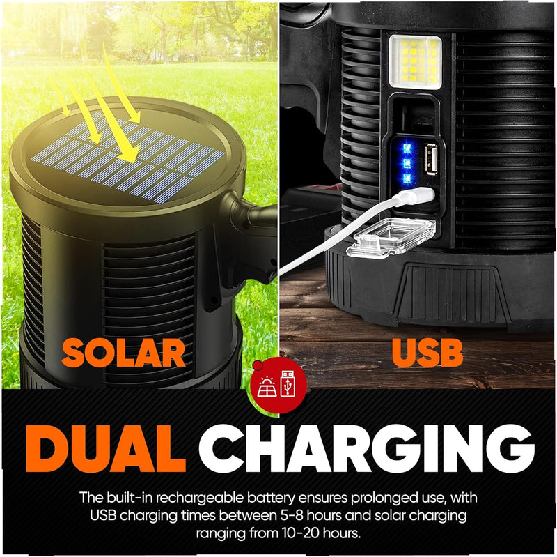 Load image into Gallery viewer, High-Intensity Spot Light - Durable Rechargeable Ultrabright Spotlight Flashlight Handheld Floodlight - Ideal for Outdoor, Emergency, Survival and Home Use. Solar Recharge Enabled, Power Bank Built In
