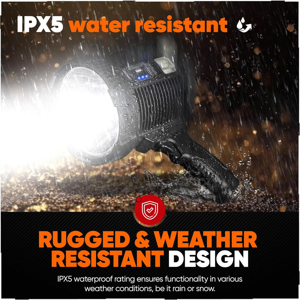 High-Intensity Spot Light - Durable Rechargeable Ultrabright Spotlight Flashlight Handheld Floodlight - Ideal for Outdoor, Emergency, Survival and Home Use. Solar Recharge Enabled, Power Bank Built In