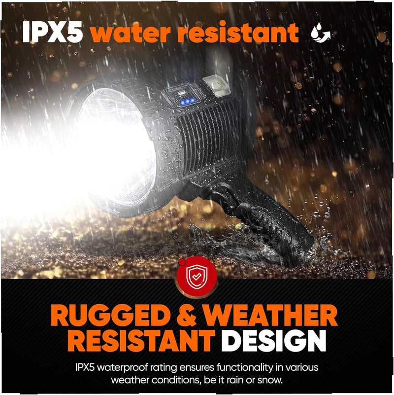Load image into Gallery viewer, High-Intensity Spot Light - Durable Rechargeable Ultrabright Spotlight Flashlight Handheld Floodlight - Ideal for Outdoor, Emergency, Survival and Home Use. Solar Recharge Enabled, Power Bank Built In
