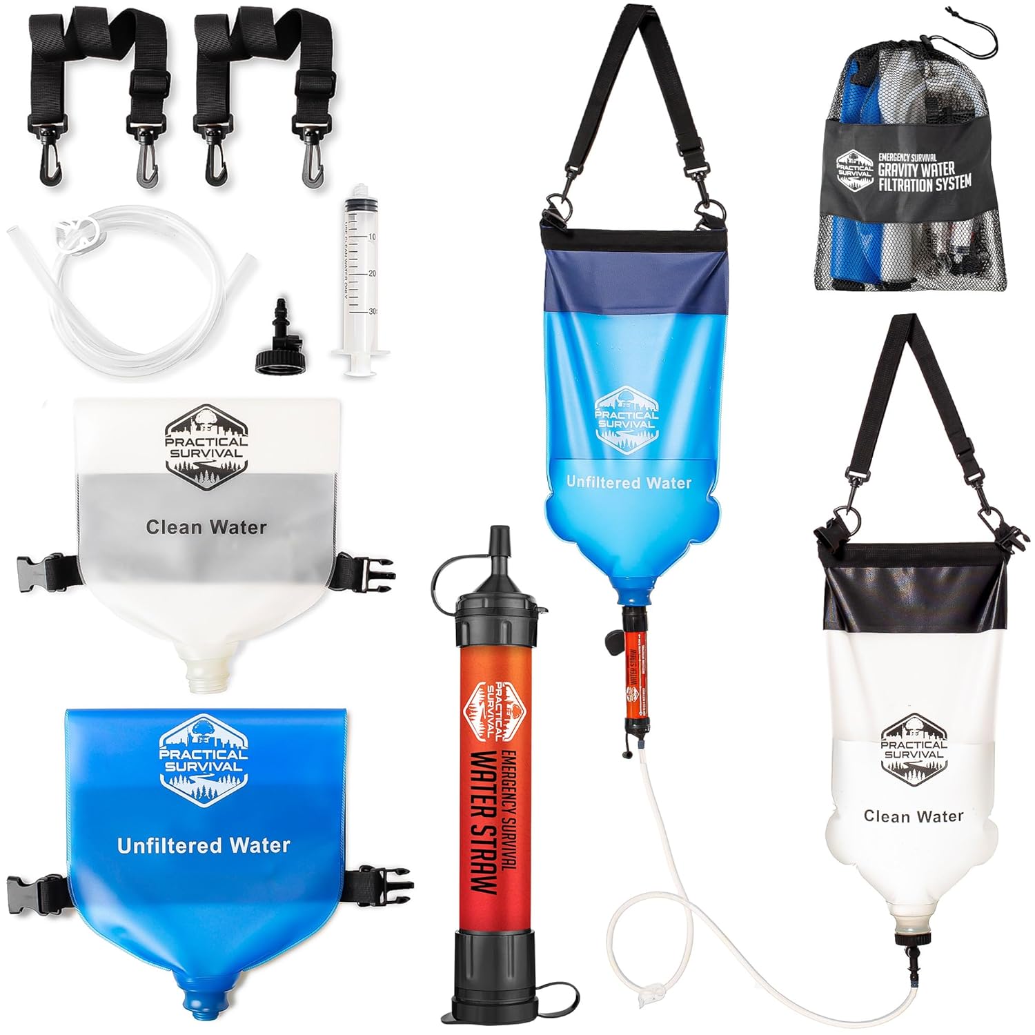 Practical Survival Gravity Water Filtration System &mdash; complete kit with dirty bag, clean bag, filter cartridge, and cleaning plunger.