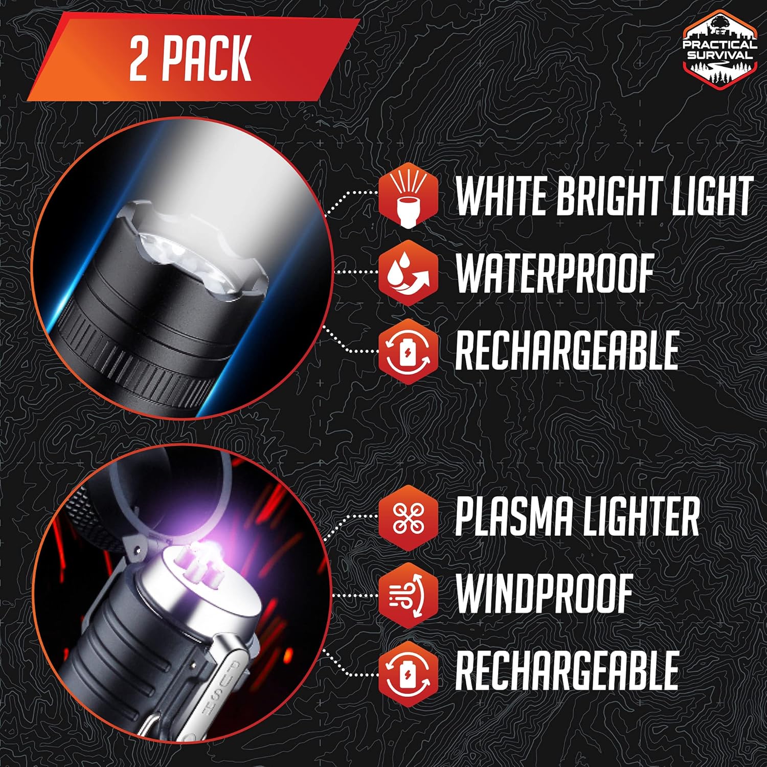 Tactical flashlight and plasma lighter combo.