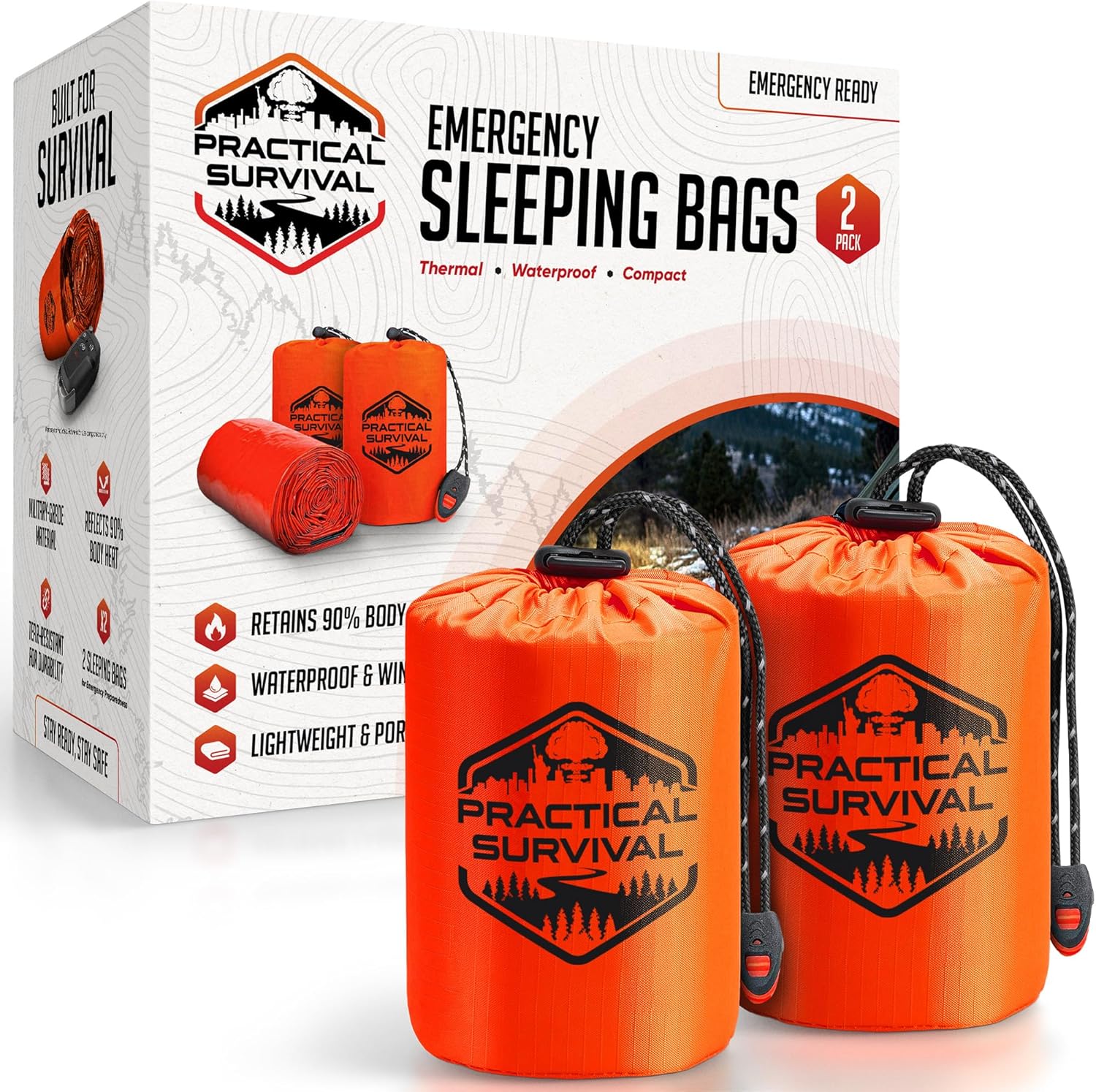 Practical Survival Emergency Sleeping Bag &mdash; two-pack of thermal reflective bivy sacks with included signal whistle.