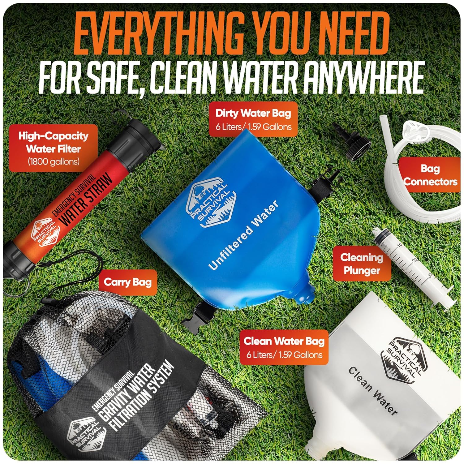 Gravity Water Filtration System – 2 High Capacity Lightweight Hanging Bags for Backpacking, Camping, Survival, Hiking, Hunting - Dirty, Clean Water Bags, Water Filter and Cleaning Plunger Included