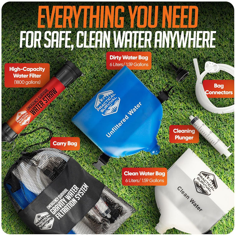 Load image into Gallery viewer, Gravity Water Filtration System – 2 High Capacity Lightweight Hanging Bags for Backpacking, Camping, Survival, Hiking, Hunting - Dirty, Clean Water Bags, Water Filter and Cleaning Plunger Included
