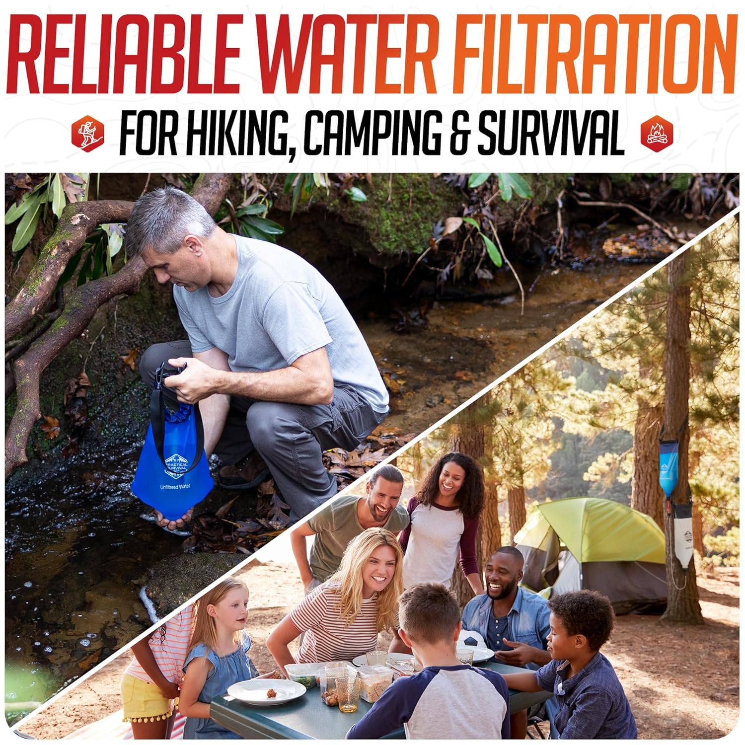 Gravity water filter system with dirty and clean water bags.
