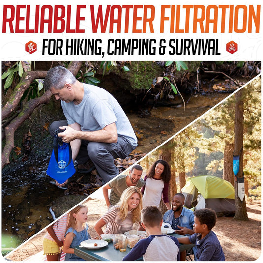 Gravity Water Filtration System – 2 High Capacity Lightweight Hanging Bags for Backpacking, Camping, Survival, Hiking, Hunting - Dirty, Clean Water Bags, Water Filter and Cleaning Plunger Included