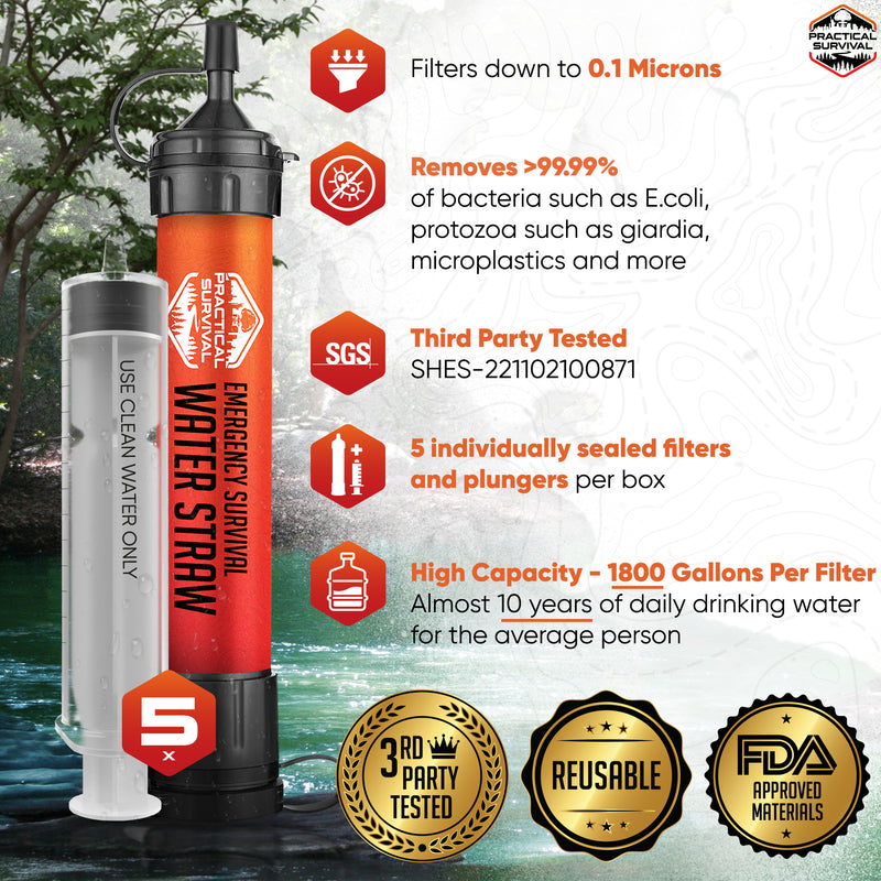 Load image into Gallery viewer, 5 High Capacity Emergency Survival Water Straws - Personal Filter for Camping, Hiking, Travel, Biking, Survival, preparedness, Lightweight, Reusable and with no Expiration Date.
