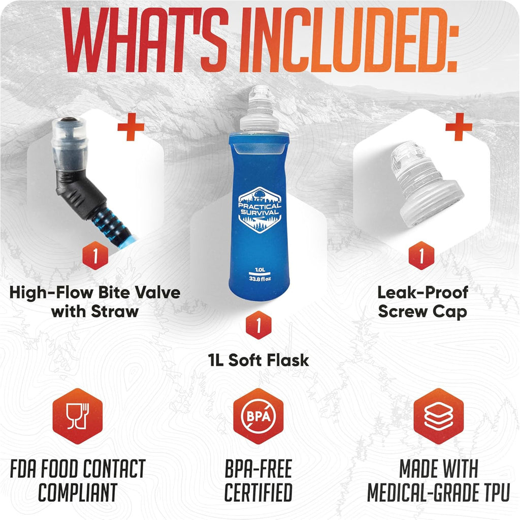 Practical Survival 1L Soft Flask – Collapsible TPU Water Bottle for Running, Hiking & Outdoor Adventures